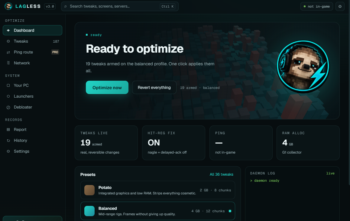 The Lagless dashboard: 187 tweaks, live ping, hit registration status and the daemon log